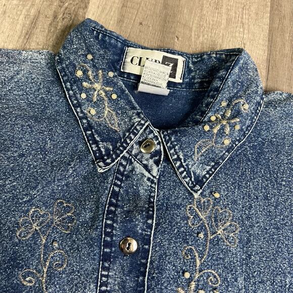 Vintage Acid Wash Embroidered Faux Pearl Denim Short Sleeve Shirt Western 18-20 - Picture 2 of 8
